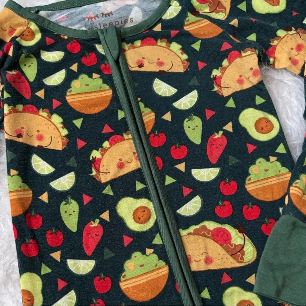 Little Sleepies Dark Green Taco Party Footed One-Piece Zippy Pajamas